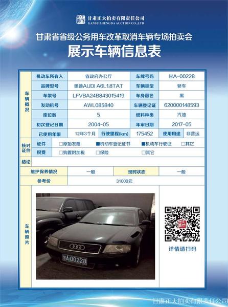 甘肃省级公车拍卖展示车辆信息表1-10